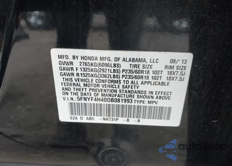 2013 Honda Pilot Ex z USA, uszkodzony, nr VIN 5FNYF4H40DB081993